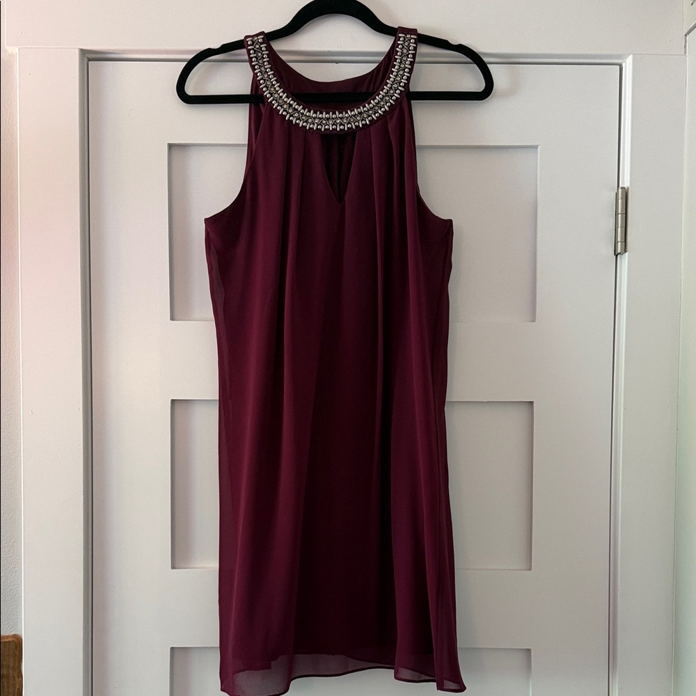 Embellished Neckline Burgundy Women's Dress